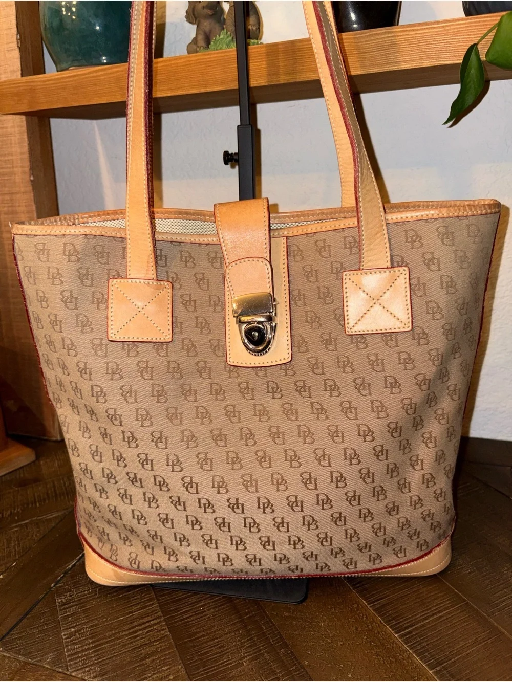 Dooney & Bourke Signature DB Canvas Shopper Tote Turn Lock Leather Trim Shoulder